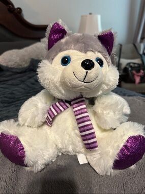 Purple-Eared Plush Husky with Striped Scarf
